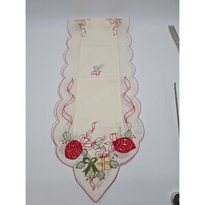 Christmas Embroidered Table Runner Bulbs & Packages Scalloped Edge 70"